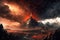 mordor landscape, with fiery mountain in the background and violent storm approaching