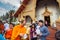 More monks with give alms bowl which came out of the offerings in the morning at Buddhist temple, Culture Heritage Site