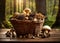 Morels mushrooms in a wicker basket on a wooden table. Autumn harvest