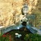 Moresco town in Fermo province, Marche region, Italy. Fountain, masque and symbol