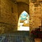 Moresco town in Fermo province, Marche region, Italy. Medieval arch, red flowers, stairway and magic view