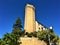 Moresco town in Fermo province, Marche region, Italy. Medieval tower, fortification and trees