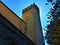 Moresco town in Fermo province, Marche region, Italy. Medieval tower, symbol and tree