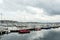 Morgat, France 29 May 2018 Panoramic outdoor view of sete marina Many small boats and yachts aligned in the port. Calm water and b