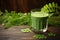 Moringa leaves extract in a glass on wooden background.