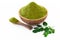 Moringa powder n wooden bowl with original fresh Moringa leaves izolated on white background