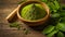 moringa powder in wooden bowl, fresh banner natural asian banner