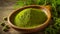 moringa powder in wooden bowl, fresh banner natural asian banner table