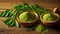 moringa powder in wooden bowl, fresh leaves original banner natural asian banner