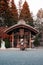 Morioka Hachimangu Shrine old Chouzuya water pavillion at sunset with warm tone light. Iwate, Japan