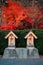 Morioka Hachimangu Shrine small spirit house and red autumn maple trees - Iwate, Japan