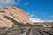 Mormon Rocks in front of railroad tracks in California high desert just outside of San Bernardino