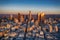 Morning aerial shot of City of Los Angeles at sunrise in California