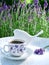 Morning aromatic coffee in the garden of blooming lavender.