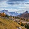 Morning autumn alpine Dolomites mountain scene. Peaceful view near Valparola and Falzarego Path, Belluno, Italy