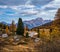 Morning autumn alpine Dolomites mountain scene. Peaceful view near Valparola and Falzarego Path, Belluno, Italy