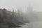Morning autumn foggy Prague gothic Charles Bridge with Old Town, Czech Republic