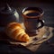 Morning Black Espresso Coffee with Croissant and Jam. Generative AI