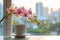 Morning bliss coffee cup, phalaenopsis orchid, and city awakening