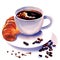 Morning breakfast, coffee cup and croissants with coffee beans and carnation spice, dry cloves and coffee grains