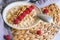 Morning breakfast, oatmeal in milk with berries