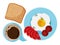 Morning breakfast. Plate with fried egg, sausage, bread and tomatoes. Coffee cup. Vector illustration.