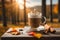 Morning Brew: Aromatic Autumn Coffee on a Cozy Table with Vibrant Leaves. Blurred Autumn Nature on the Background. Generative AI