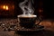 Morning brew Coffee cup with beans and aromatic smoke, graphic