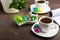 Morning cafe in Easter with couple of coffee and chocolate eggs