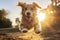 Morning Chase: Radiant Golden Retriever. Generative AI