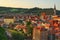 Morning cityscape with red tile roofs. Church of Saint Vitus- UN