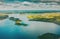 Morning Clouds Above Lake. 4k Dronelapse Aerial View Of Lakes Rivers Islands And Countryside Landscape. Scenery Scenic