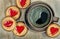 Morning coffee and biscuits with a heart. congratulations on Valentine`s Day. copy spaces. top view.