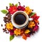 Morning coffee cup with blooming flowers. Hot drink with spring flowers. Romantic breakfast