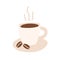 Morning coffee cup with hot freshly brewed espresso or americano. Mug of aromatic caffeine drink with steam, saucer and