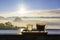 Morning coffee cup with mountain view and mist