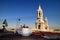 Morning Coffee at the Rooftop Terrace with Gorgeous Bell Tower of Basilica Cathedral of Arequipa in Background, Peru