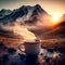 Morning cup of coffee with smoke with mountain background at sunrise, generative AI