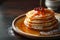 Morning delight Pancakes drizzled with honey on wooden surface