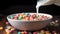 Morning Delight White cereal bowl filled with creamy milk cascading over a vibrant assortment of fresh fruits and colorful cereals