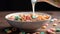 Morning Delight White cereal bowl filled with creamy milk cascading over a vibrant assortment of fresh fruits and colorful cereals