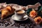 Morning Elegance: Croissant and Coffee Cup with Floral Table Setting in a Wide Banner with Copy Space Area. created with