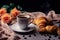 Morning Elegance: Croissant and Coffee Cup with Floral Table Setting in a Wide Banner with Copy Space Area. created with