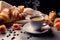 Morning Elegance: Croissant and Coffee Cup with Floral Table Setting in a Wide Banner with Copy Space Area. created with