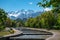 Morning on the Esentai River overlooking the snow-capped peaks of the mountains