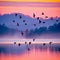 Morning Flight: A Flock of Birds Soaring Over a Colorful Landscape