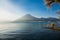 Morning fog over Atitlan lake in Guatemala. Central America.