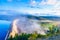 Morning fog over dam on Embalse de Aguilar de Campoo, Spain