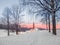 Morning frosty dawn. White snowy landscape with old Maltese palace in beautiful natural landscape