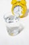 Morning glass of pure water, conceptual photo on white background, top view